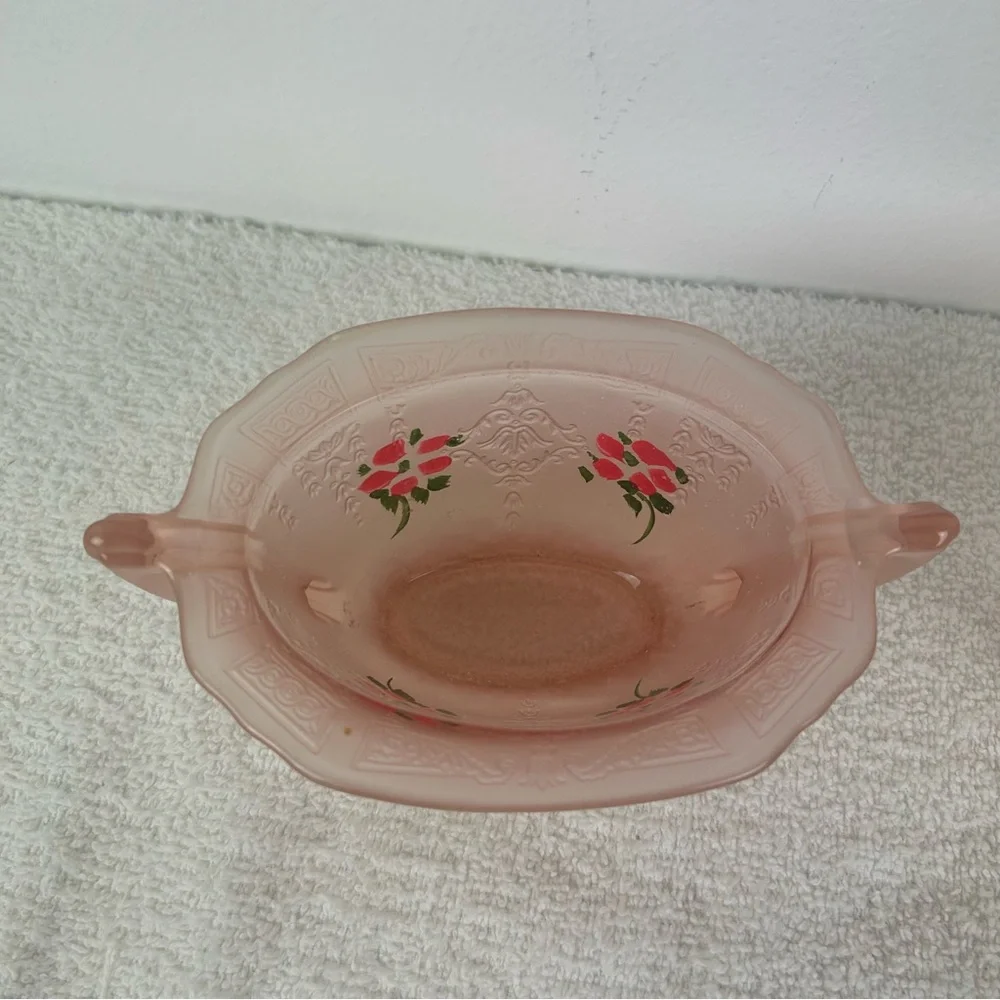 VTG Embossed Hand Painted Flower Pink Satin Glass Creamer Sugar Set of 2